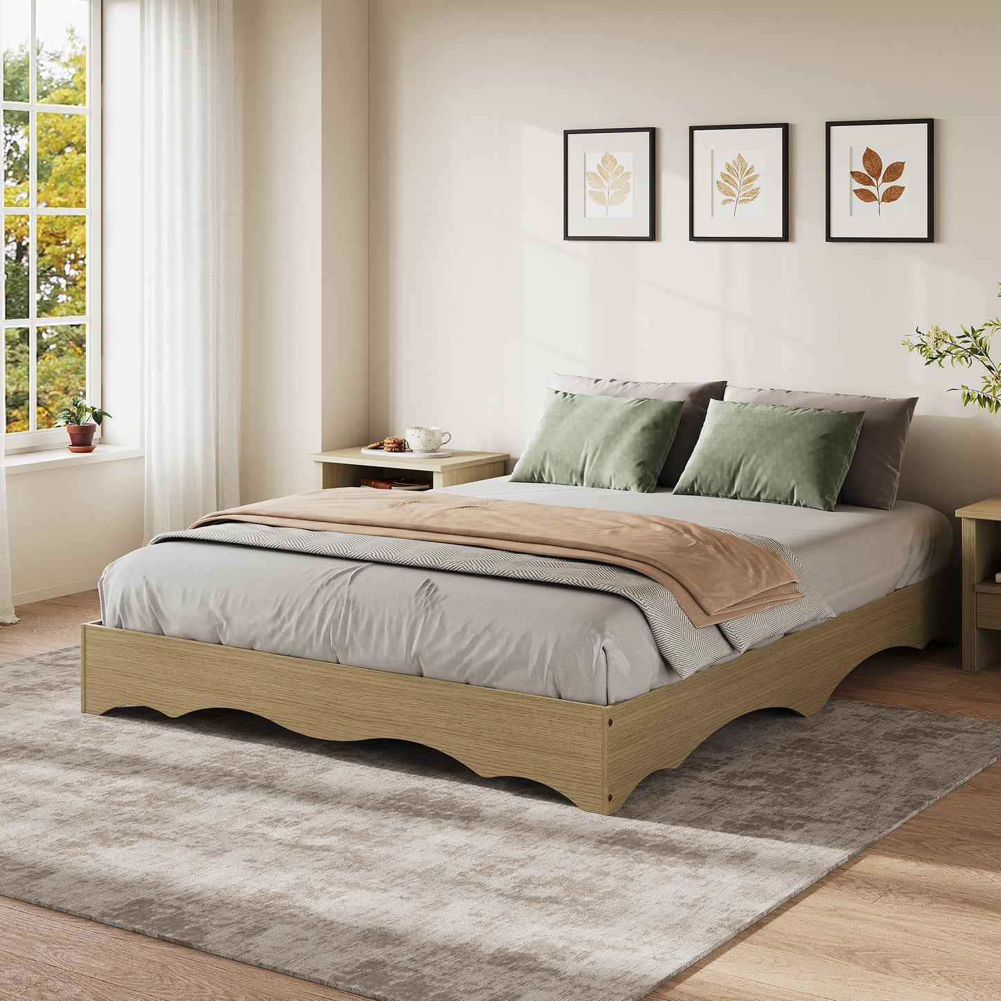 IDEALHOUSE Queen Bed Frame, Wood Platform Bed with Wave Design, Low Bed Frame Without Headboard, Minimalist Bed Base with Noise-Free, Easy Assembly, No Box Spring Needed