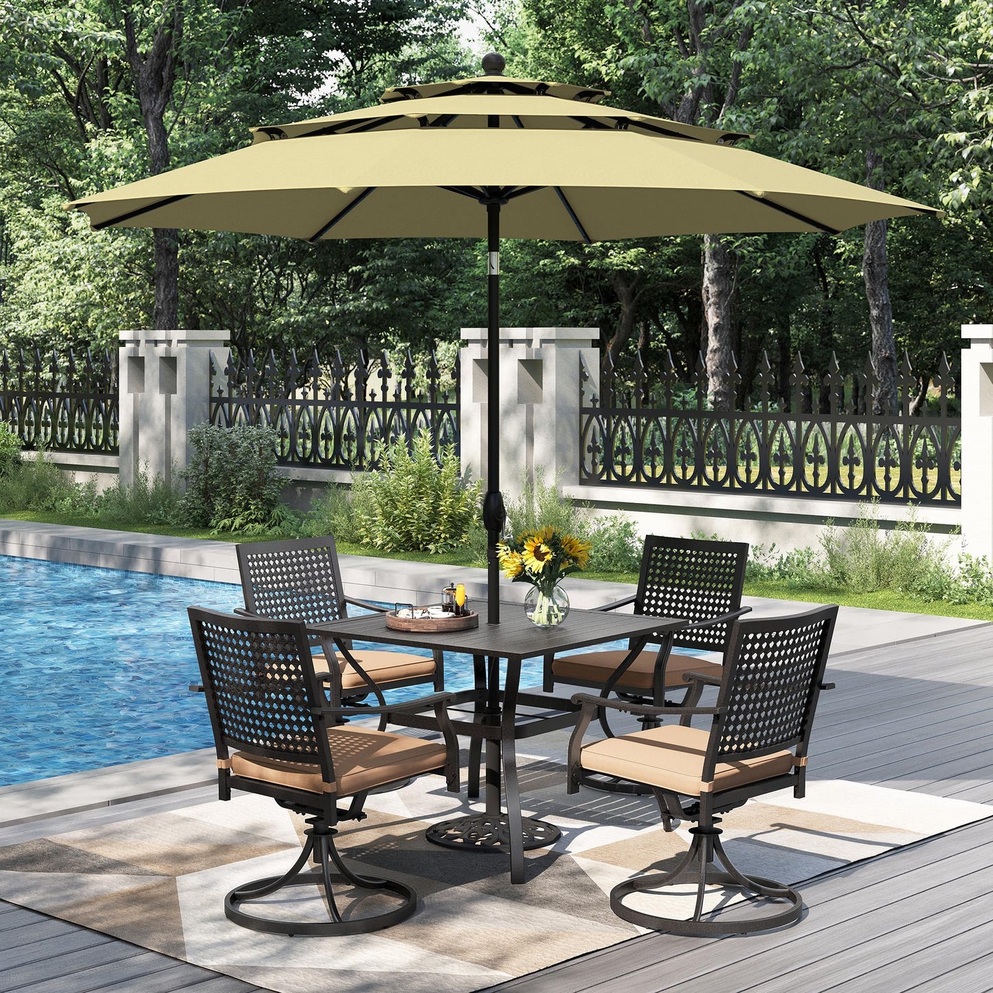 PHI VILLA 5 Pieces Outdoor Dining Set for 4 with Umbrella, 42" Large Round Metal Steel Table & Stackable Iron Chairs with Cushions & 10ft Beige Umbrella, Modern Furniture for Patio, Deck, Yard, Porch