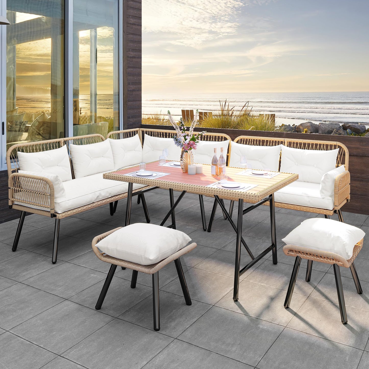 YITAHOME L-Shaped Patio Furniture Set, All-Weather Rattan Outdoor Conversation Sofa with Soft Cushions, Ottomans & Plastic Wood Dining Table for Backyard Deck, Light Brown + Black