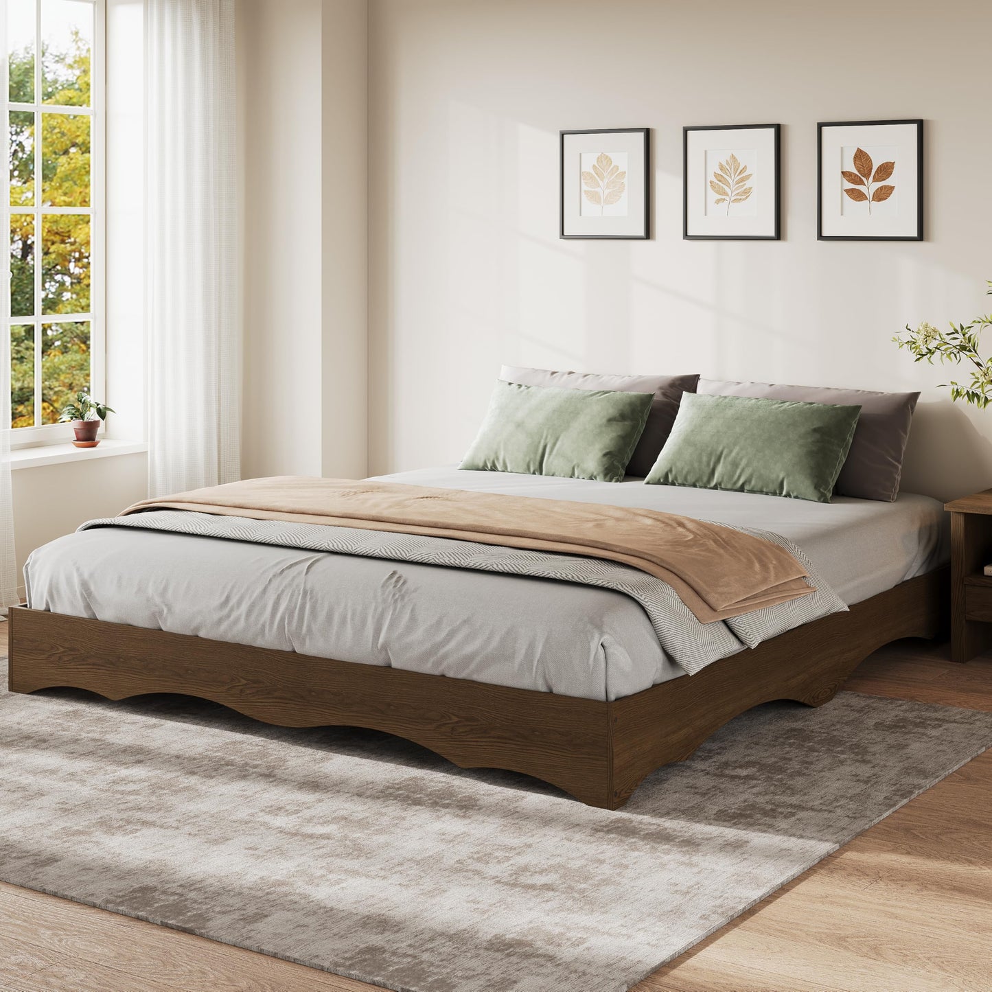 IDEALHOUSE Queen Bed Frame, Wood Platform Bed with Wave Design, Low Bed Frame Without Headboard, Minimalist Bed Base with Noise-Free, Easy Assembly, No Box Spring Needed