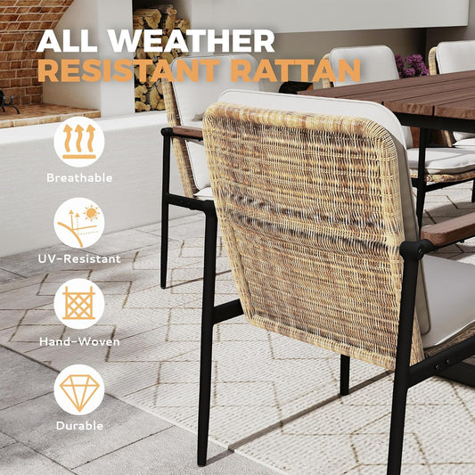 HAPPATIO 7 Piece Patio Dining Set Outdoor, 6 Wicker Chairs with Aluminum Frame and Olefin Cushions, Large Wooden Dining Table with Umbrella Hole,Patio Table and Chairs for Backyard Garden Porch