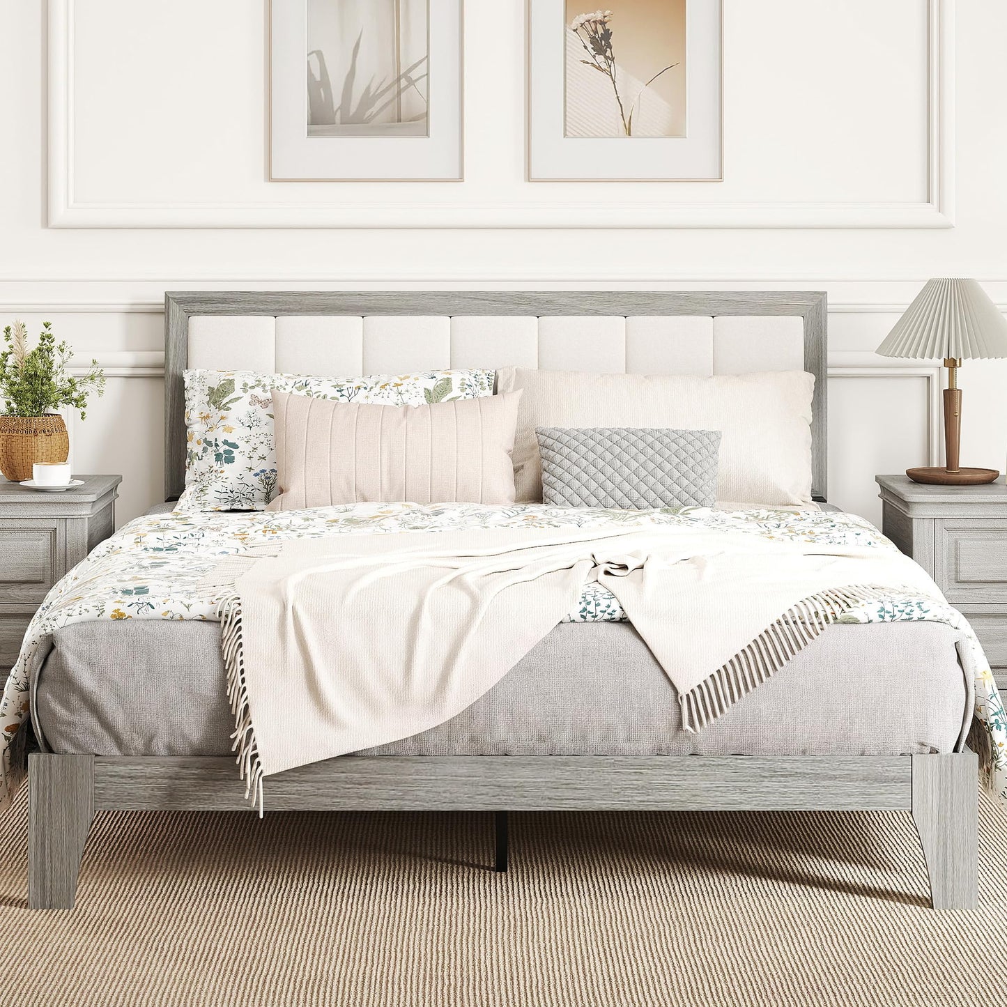 HOMCOM Full Size Bed Frame with Upholstered Headboard, Platform Bed Frame with Wooden Slats, No Box Spring Needed, Easy Assembly, Natural