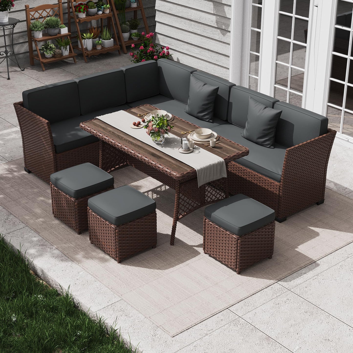 KIGOTY 7 Piece Patio Furniture Set, Outdoor PE Wicker Rattan Outdoor Dining Set, Patio Table and Chairs Set, Patio Conversation Sofa Set with Dining Table and Ottoman(Grey-Light Grey)