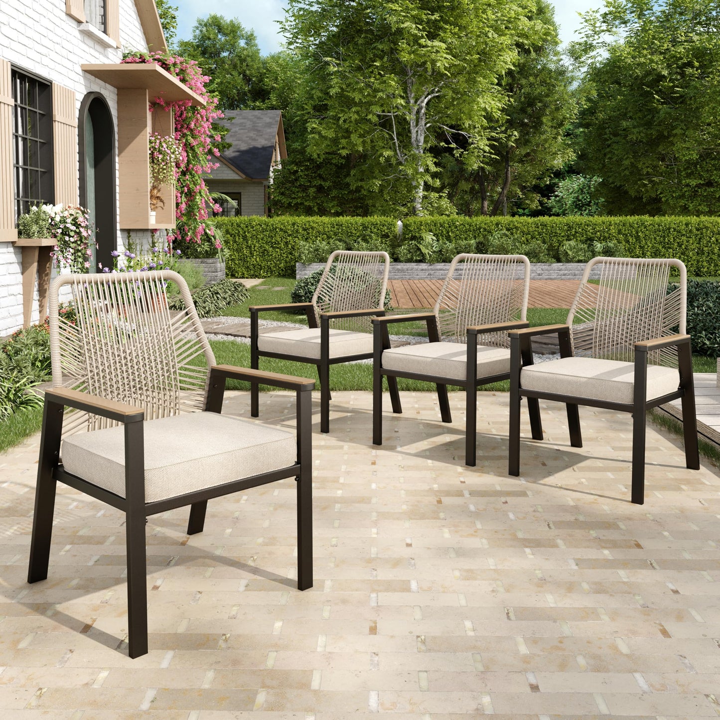 MIXPATIO 7 Pieces Round Outdoor Dining Set for 6, Patio Dining Set Wicker Rattan Chairs with Soft Cushion and 54" Round Table with Umbrella Hole, Round Patio Table and Chairs for Backyard Porch