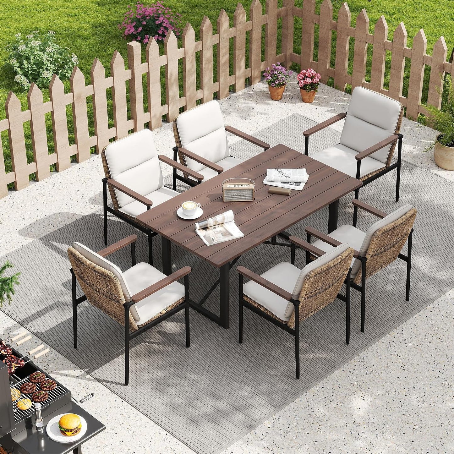 HAPPATIO 7 Piece Patio Dining Set Outdoor, 6 Wicker Chairs with Aluminum Frame and Olefin Cushions, Large Wooden Dining Table with Umbrella Hole,Patio Table and Chairs for Backyard Garden Porch