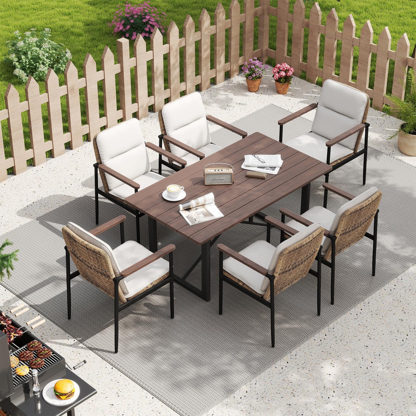 HAPPATIO 7 Piece Patio Dining Set Outdoor, 6 Wicker Chairs with Aluminum Frame and Olefin Cushions, Large Wooden Dining Table with Umbrella Hole,Patio Table and Chairs for Backyard Garden Porch