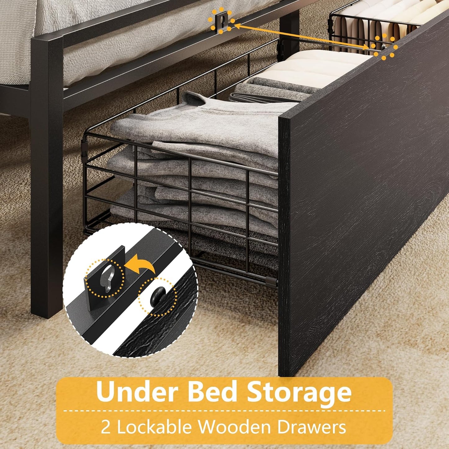 Furnulem Full Size Bed Frame with Wood Headboard, Metal Platform Bed Frame Full Size with 2 Storage Drawers and Shelf, LED Lights and Charging Station, No Box Spring Needed, Noise Free, Black
