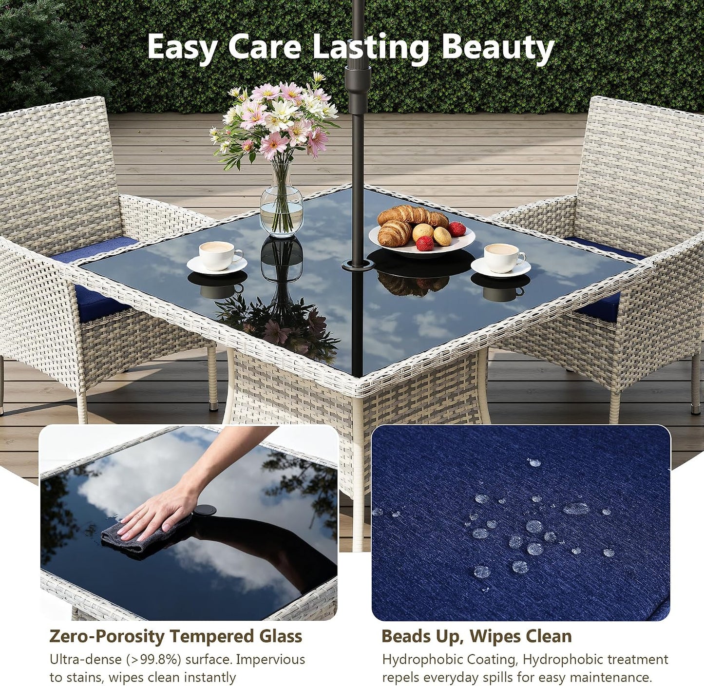 Outdoor Dining Set, 5-Piece Patio Furniture Set with Tempered Glass Table and 4 Cushioned Chairs, Dual-Strand Wicker Rattan, Balcony Furniture for Backyard, Garden, Deck,– Navy Blue