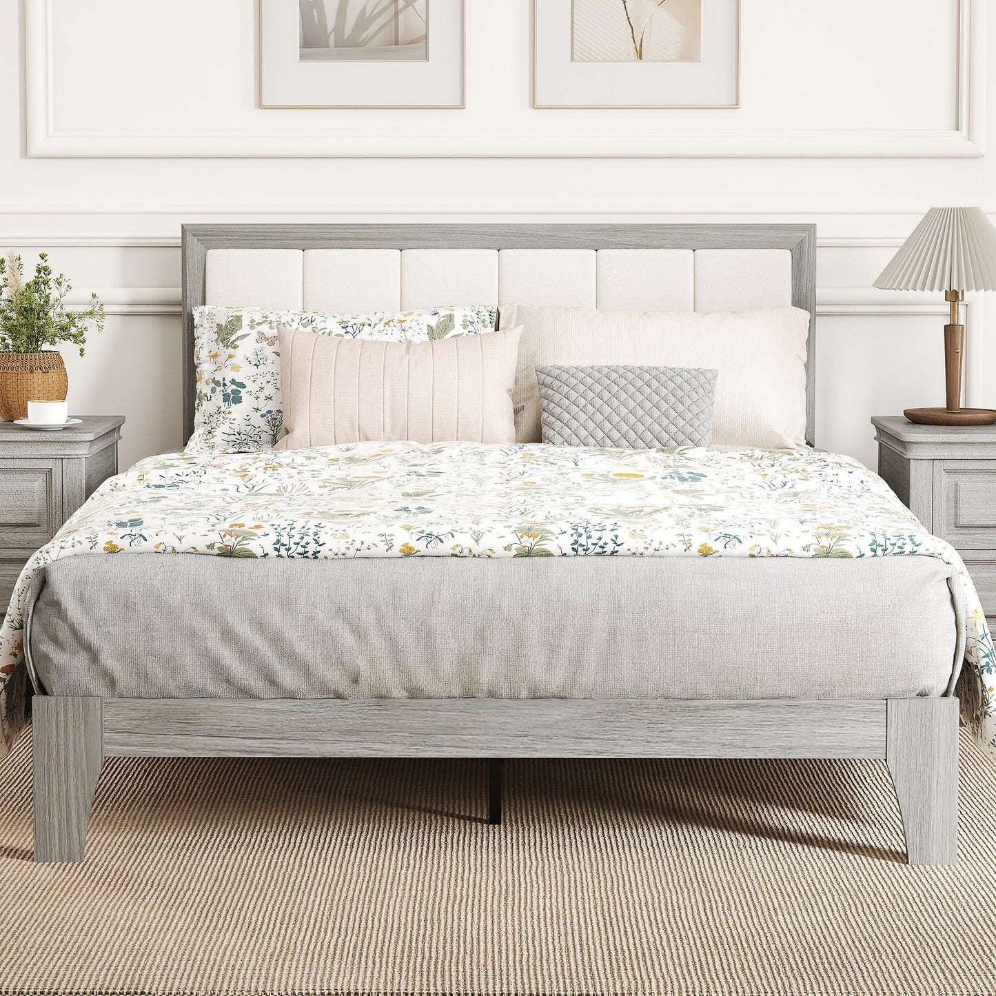 HOMCOM Full Size Bed Frame with Upholstered Headboard, Platform Bed Frame with Wooden Slats, No Box Spring Needed, Easy Assembly, Natural