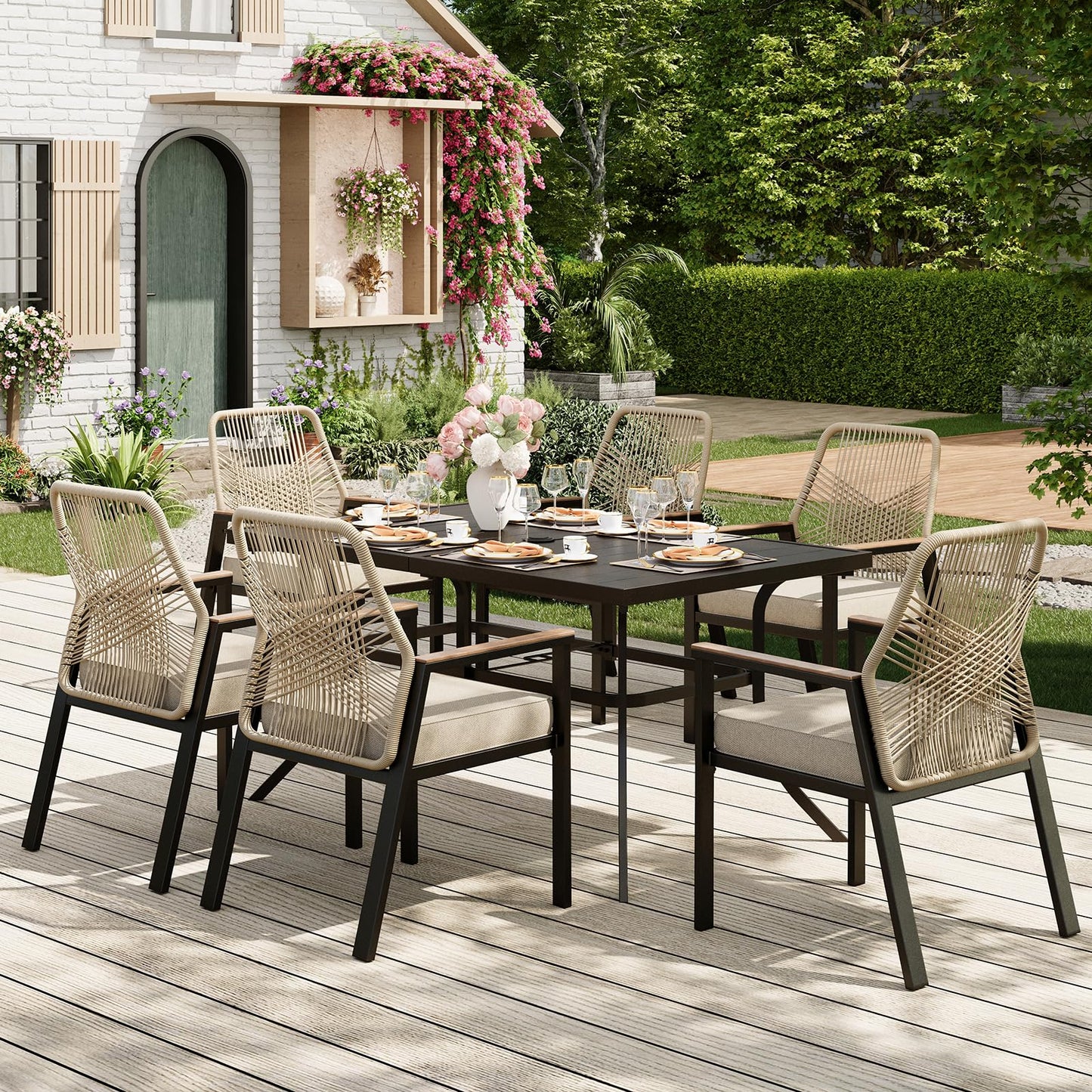 MIXPATIO 7 Pieces Round Outdoor Dining Set for 6, Patio Dining Set Wicker Rattan Chairs with Soft Cushion and 54" Round Table with Umbrella Hole, Round Patio Table and Chairs for Backyard Porch