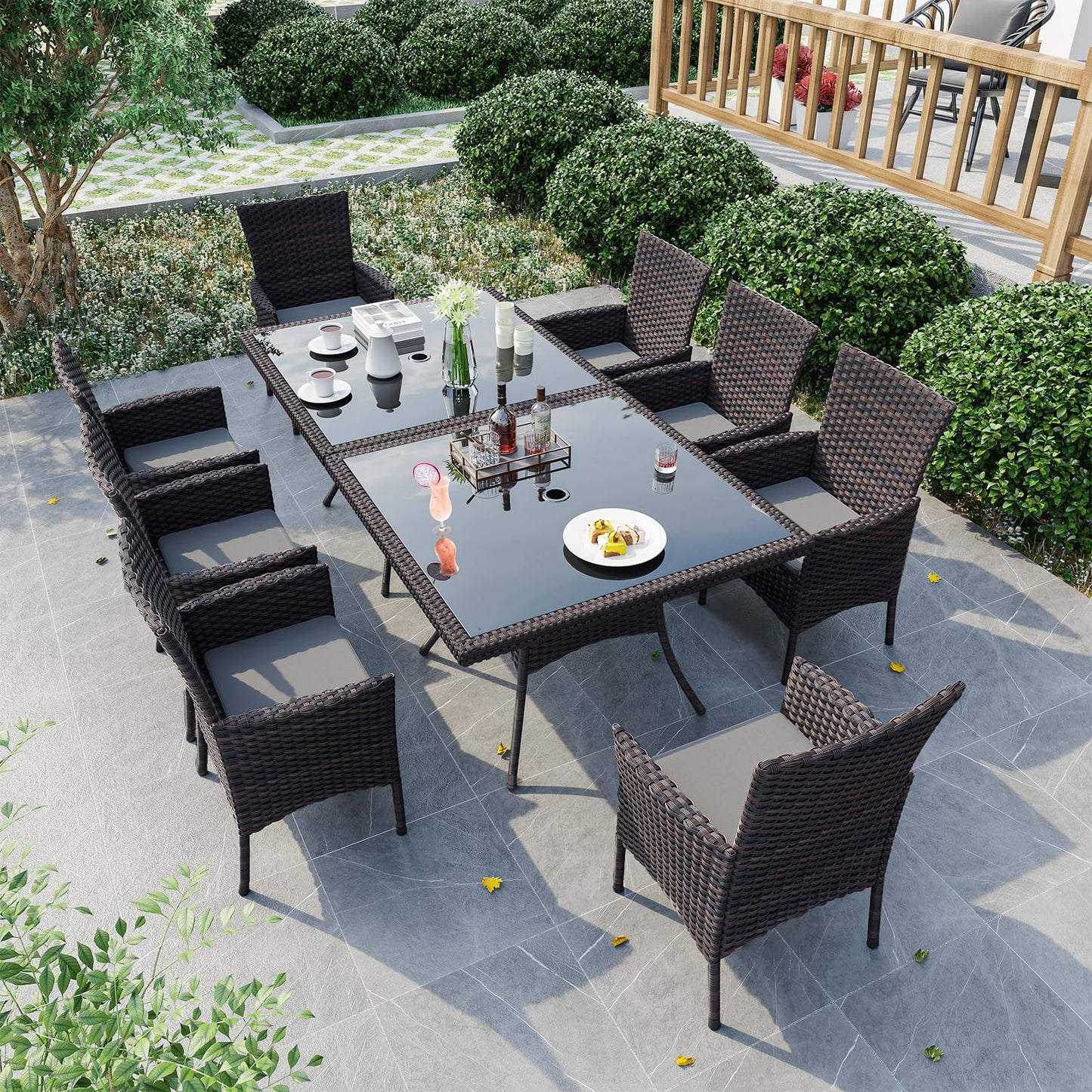 Gotland 5 Piece Outdoor Dining Set, All-Weather Rattan Patio Furniture Set with Umbrella Hole Tempered Glass Square Table, Outdoor Table and Chairs with Removable Cushions for Backyard, Deck, Sand