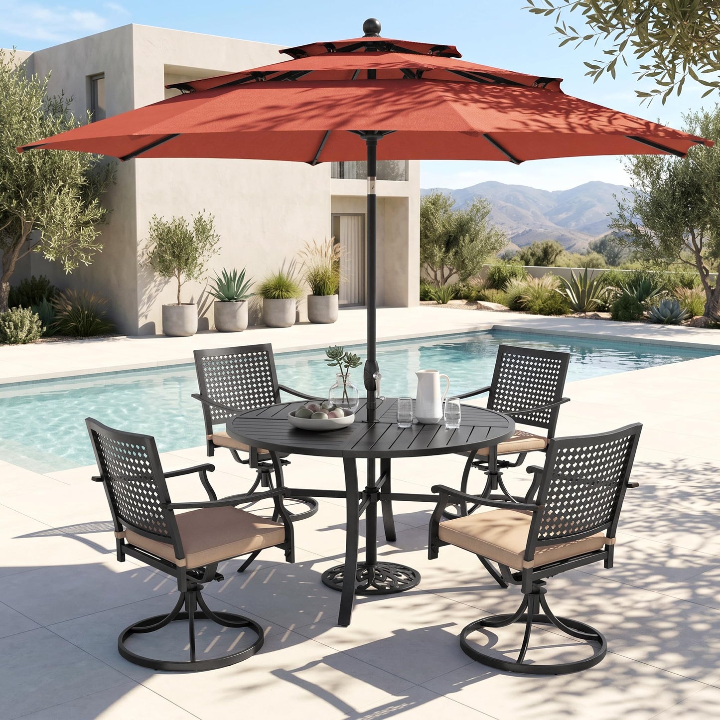 PHI VILLA 5 Pieces Outdoor Dining Set for 4 with Umbrella, 42" Large Round Metal Steel Table & Stackable Iron Chairs with Cushions & 10ft Beige Umbrella, Modern Furniture for Patio, Deck, Yard, Porch