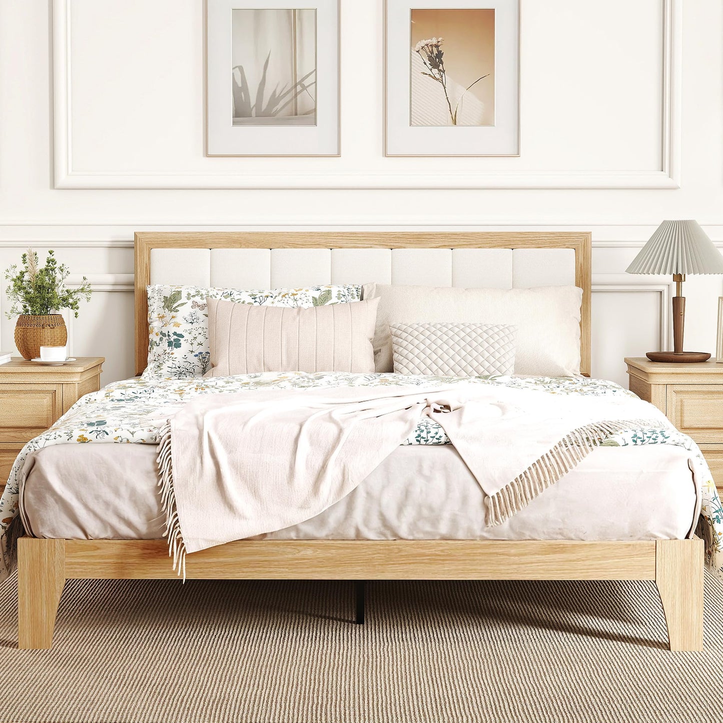 HOMCOM Full Size Bed Frame with Upholstered Headboard, Platform Bed Frame with Wooden Slats, No Box Spring Needed, Easy Assembly, Natural