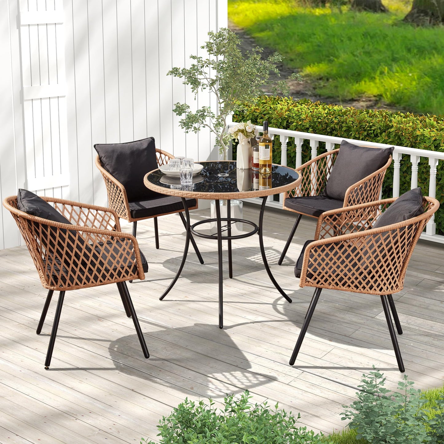 5-Piece Grey Black Wicker Outdoor Dining Set with Glass Table & Waterproof Cushions