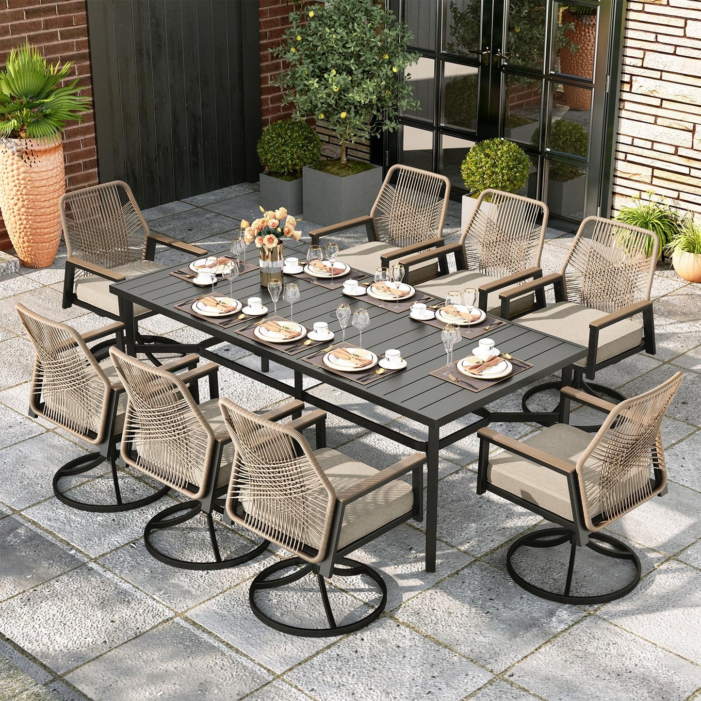 MIXPATIO 7 Pieces Round Outdoor Dining Set for 6, Patio Dining Set Wicker Rattan Chairs with Soft Cushion and 54" Round Table with Umbrella Hole, Round Patio Table and Chairs for Backyard Porch