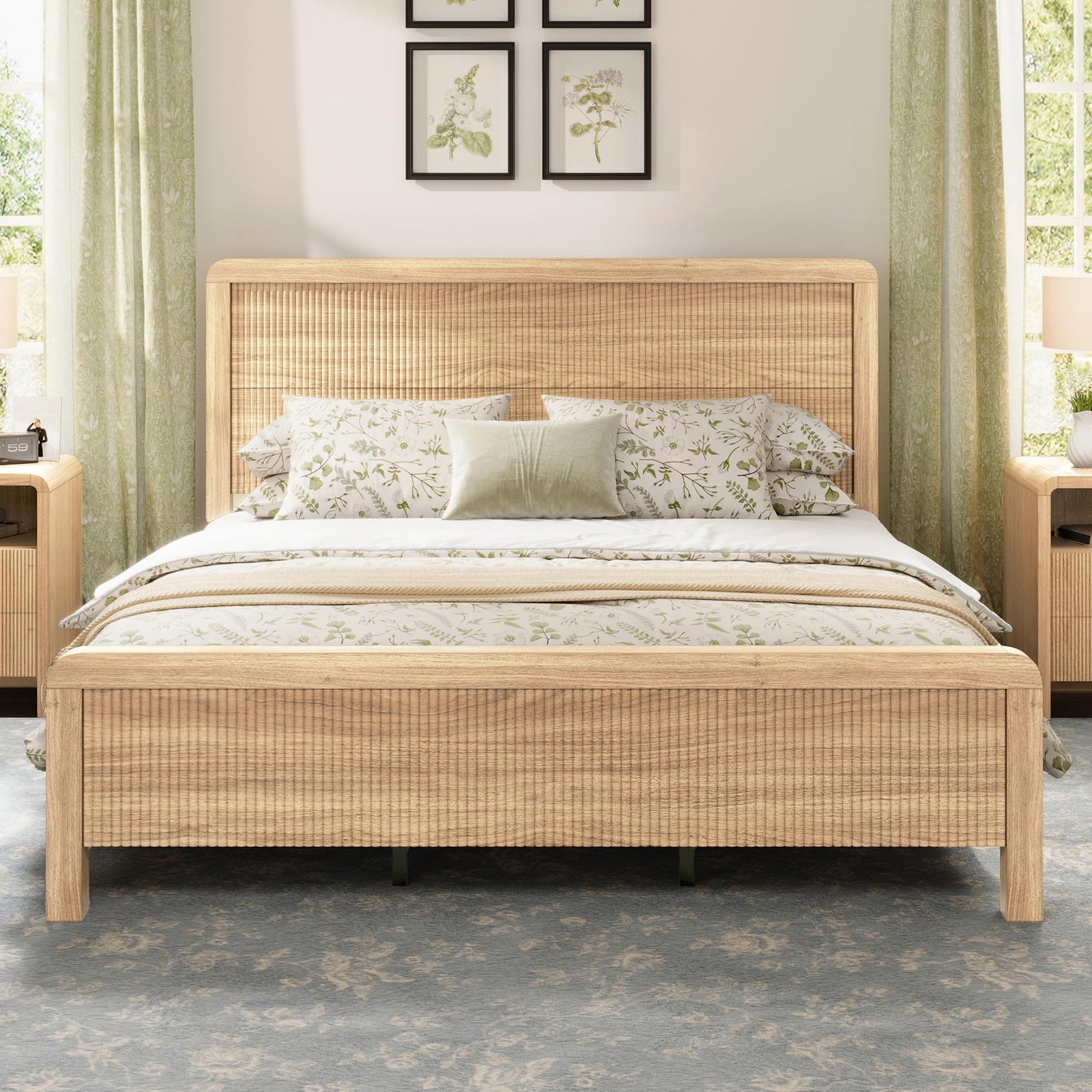 Walnut Fluted Queen Wood Bed Frame with Headboard Footboard & Safe Round Edges