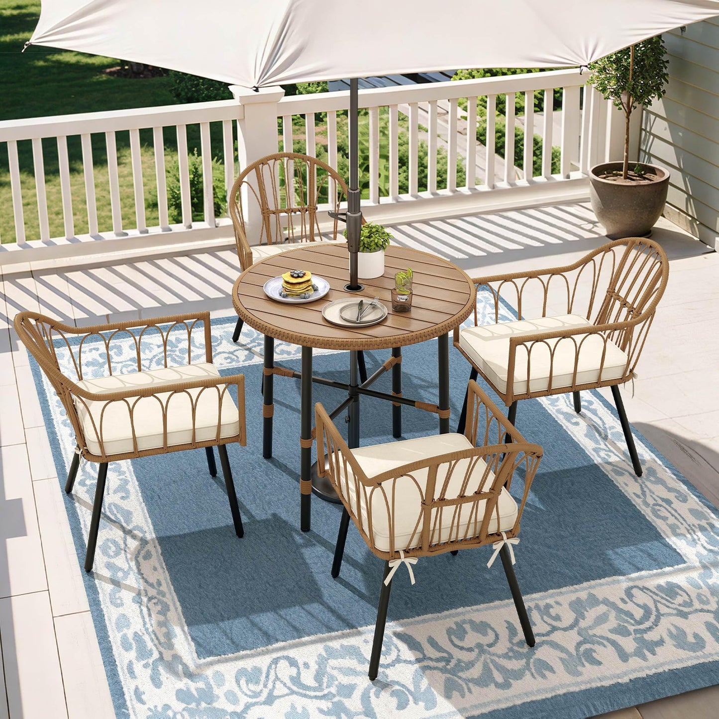 YITAHOME Patio Dining Set with Umbrella Hole for 4, All-Weather Rattan Outdoor Dining Set 5pcs, Patio Dining Furniture Sets with 4 Ergonomic Armchairs, Outdoor Table and Chairs Set for Patio Backyard