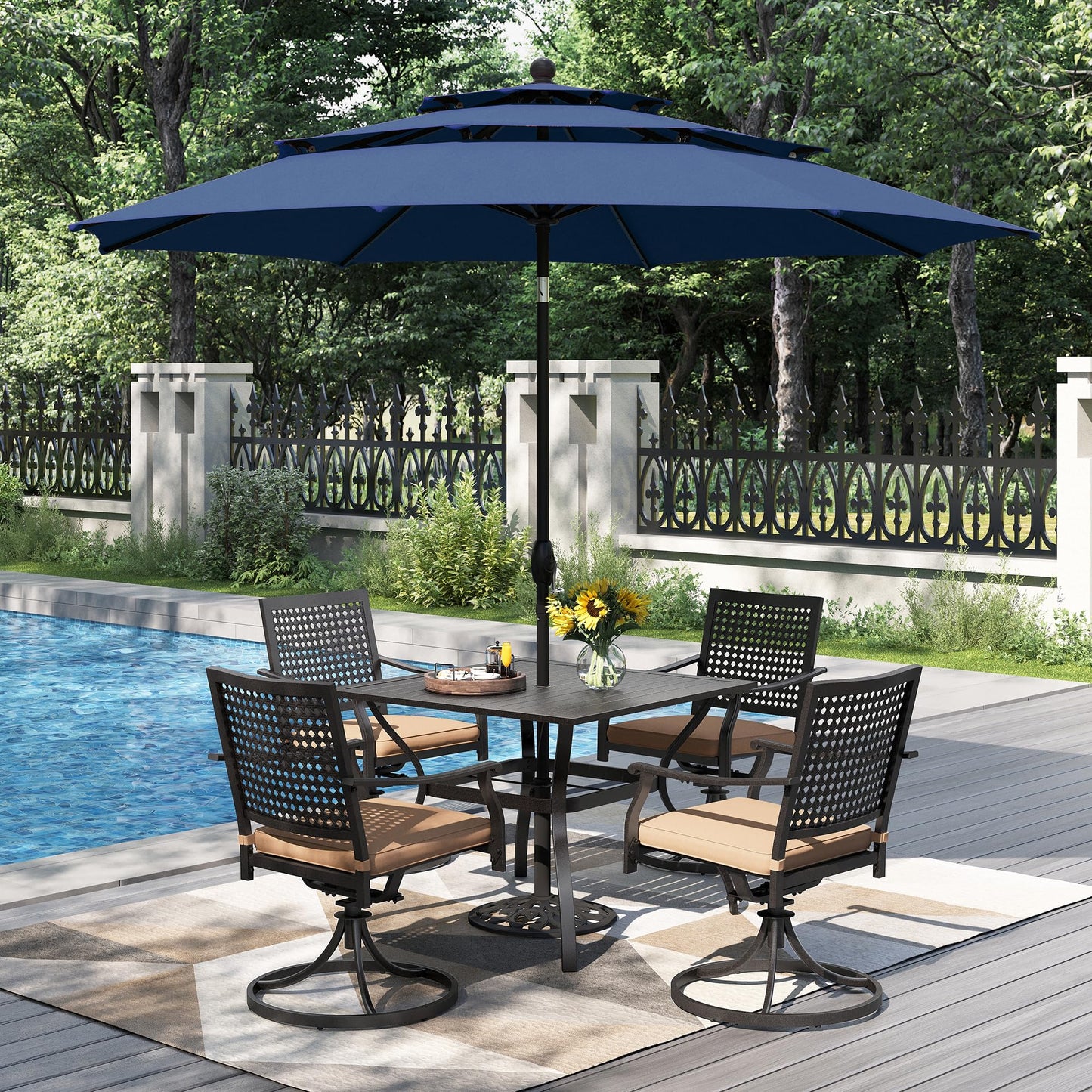 PHI VILLA 5 Pieces Outdoor Dining Set for 4 with Umbrella, 42" Large Round Metal Steel Table & Stackable Iron Chairs with Cushions & 10ft Beige Umbrella, Modern Furniture for Patio, Deck, Yard, Porch