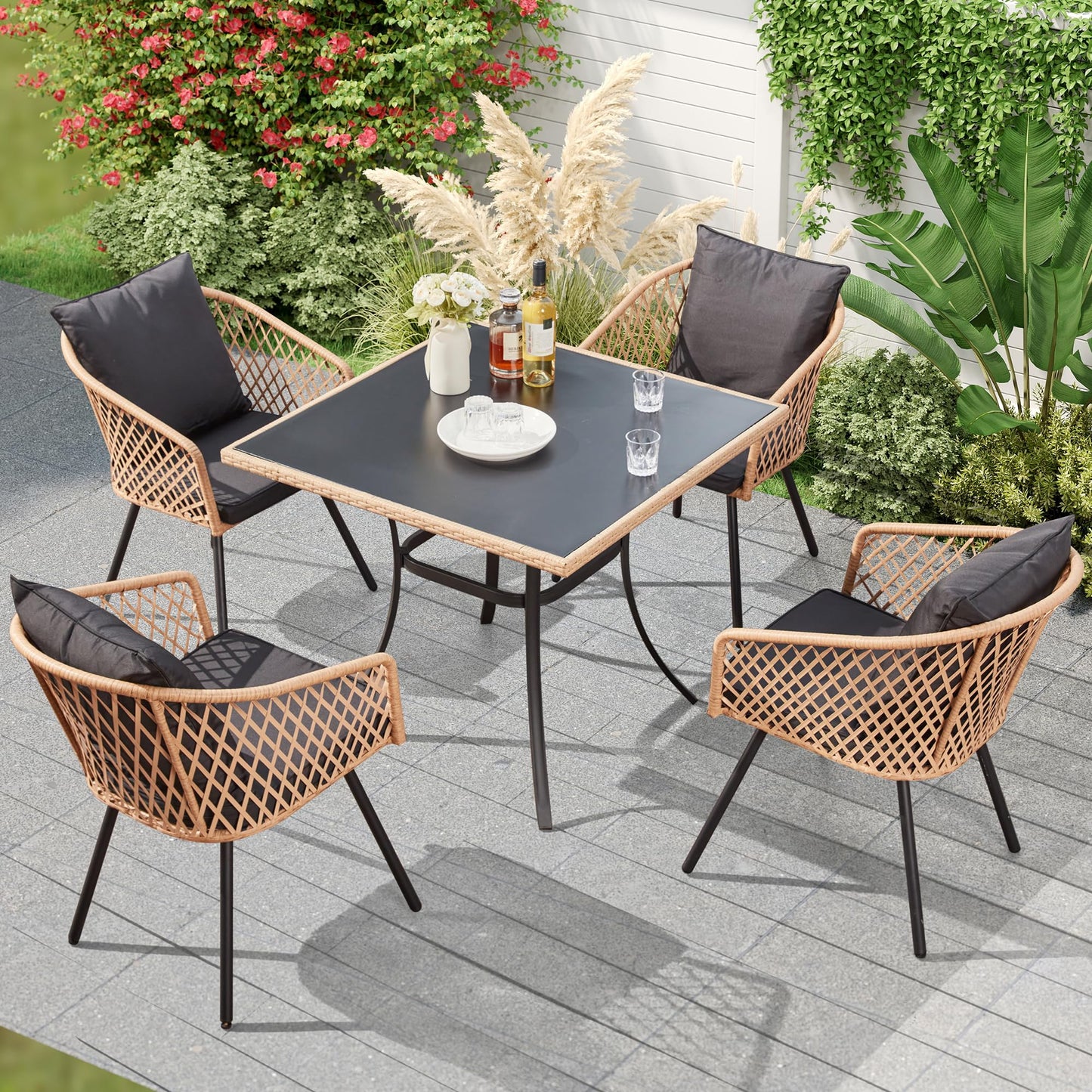 5-Piece Grey Black Wicker Outdoor Dining Set with Glass Table & Waterproof Cushions