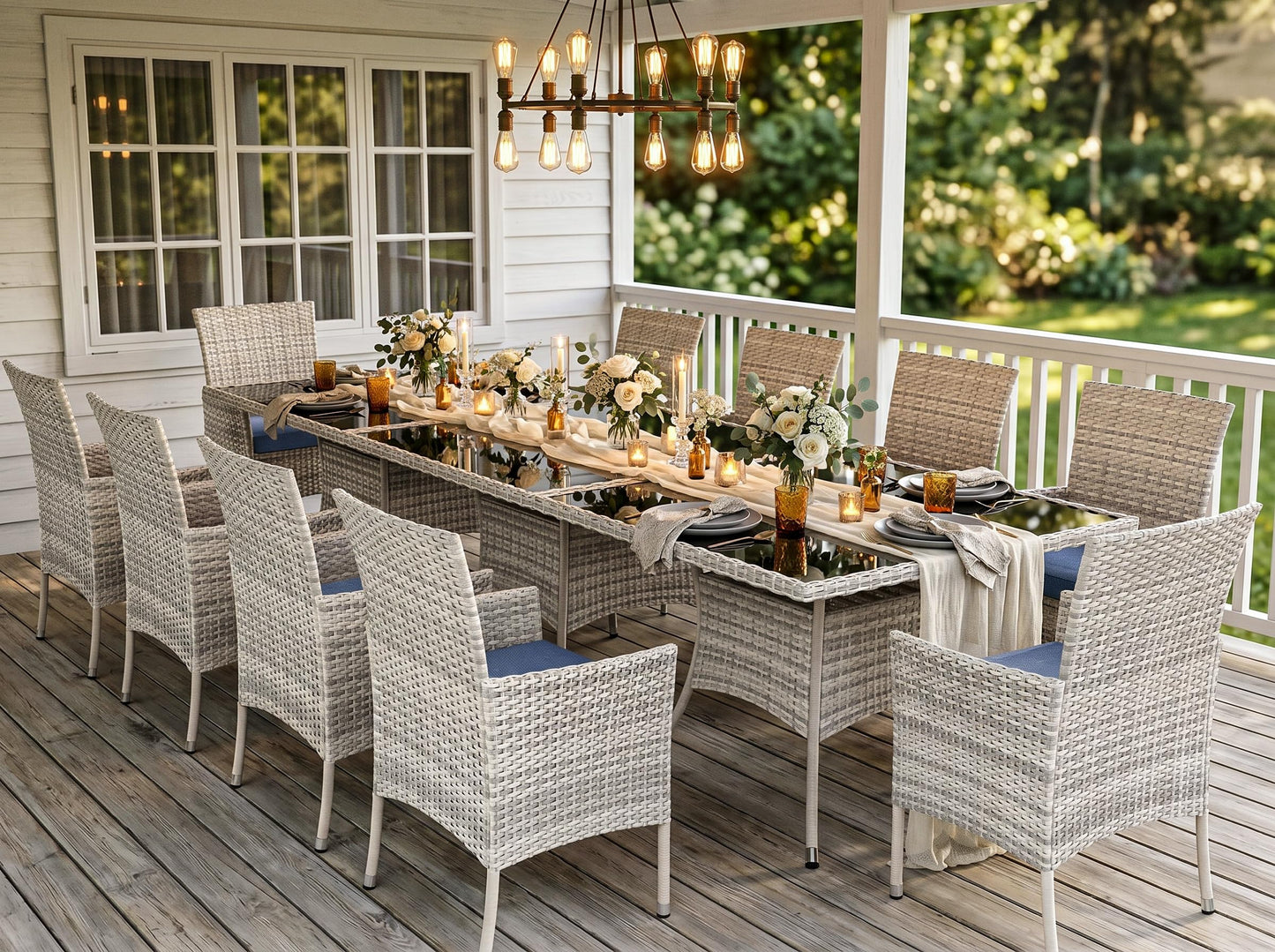 Outdoor Dining Set, 5-Piece Patio Furniture Set with Tempered Glass Table and 4 Cushioned Chairs, Dual-Strand Wicker Rattan, Balcony Furniture for Backyard, Garden, Deck,– Navy Blue