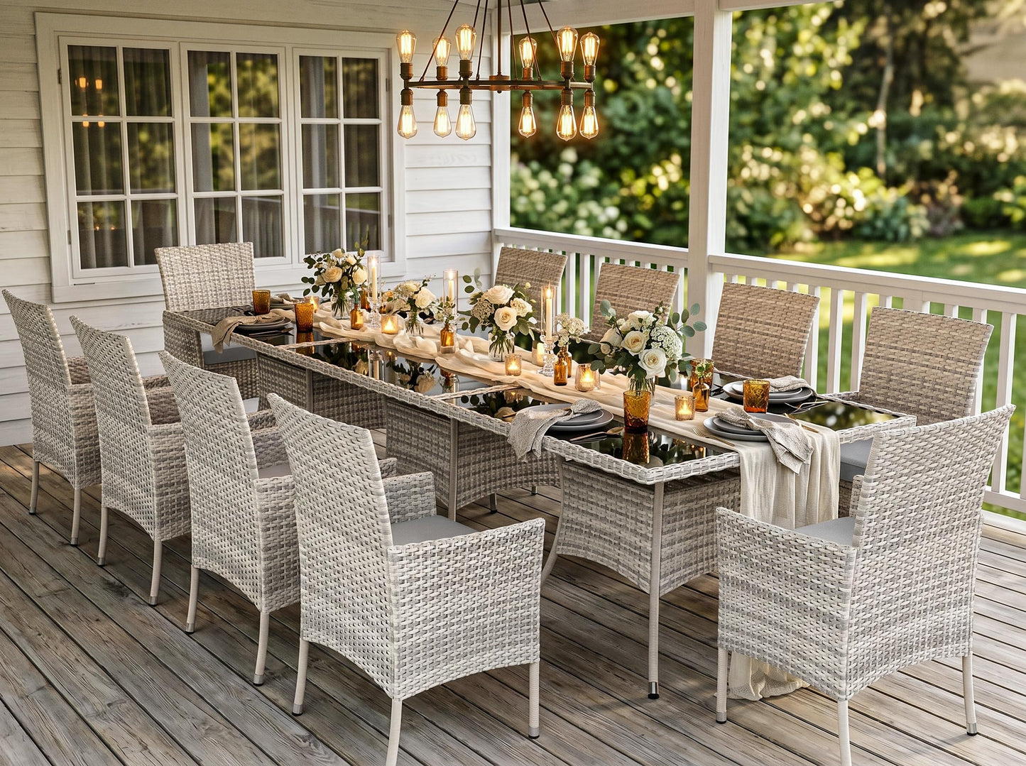 Outdoor Dining Set, 5-Piece Patio Furniture Set with Tempered Glass Table and 4 Cushioned Chairs, Dual-Strand Wicker Rattan, Balcony Furniture for Backyard, Garden, Deck,– Navy Blue
