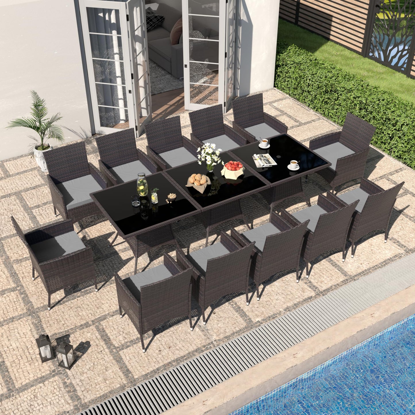 Gotland 5 Piece Outdoor Dining Set, All-Weather Rattan Patio Furniture Set with Umbrella Hole Tempered Glass Square Table, Outdoor Table and Chairs with Removable Cushions for Backyard, Deck, Sand