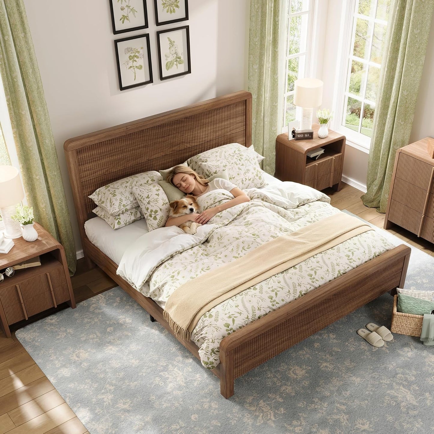 Walnut Fluted Queen Wood Bed Frame with Headboard Footboard & Safe Round Edges