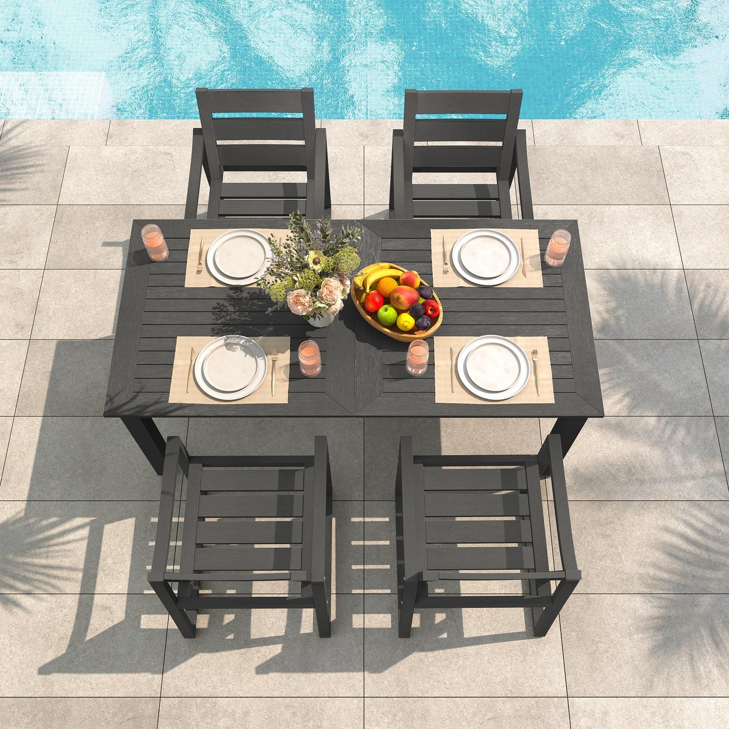 Cozyman Patio Table and Chairs Set, HDPS Outdoor Dining Set for 6, Patio Furniture for Deck, Poolside, and Backyard, Black