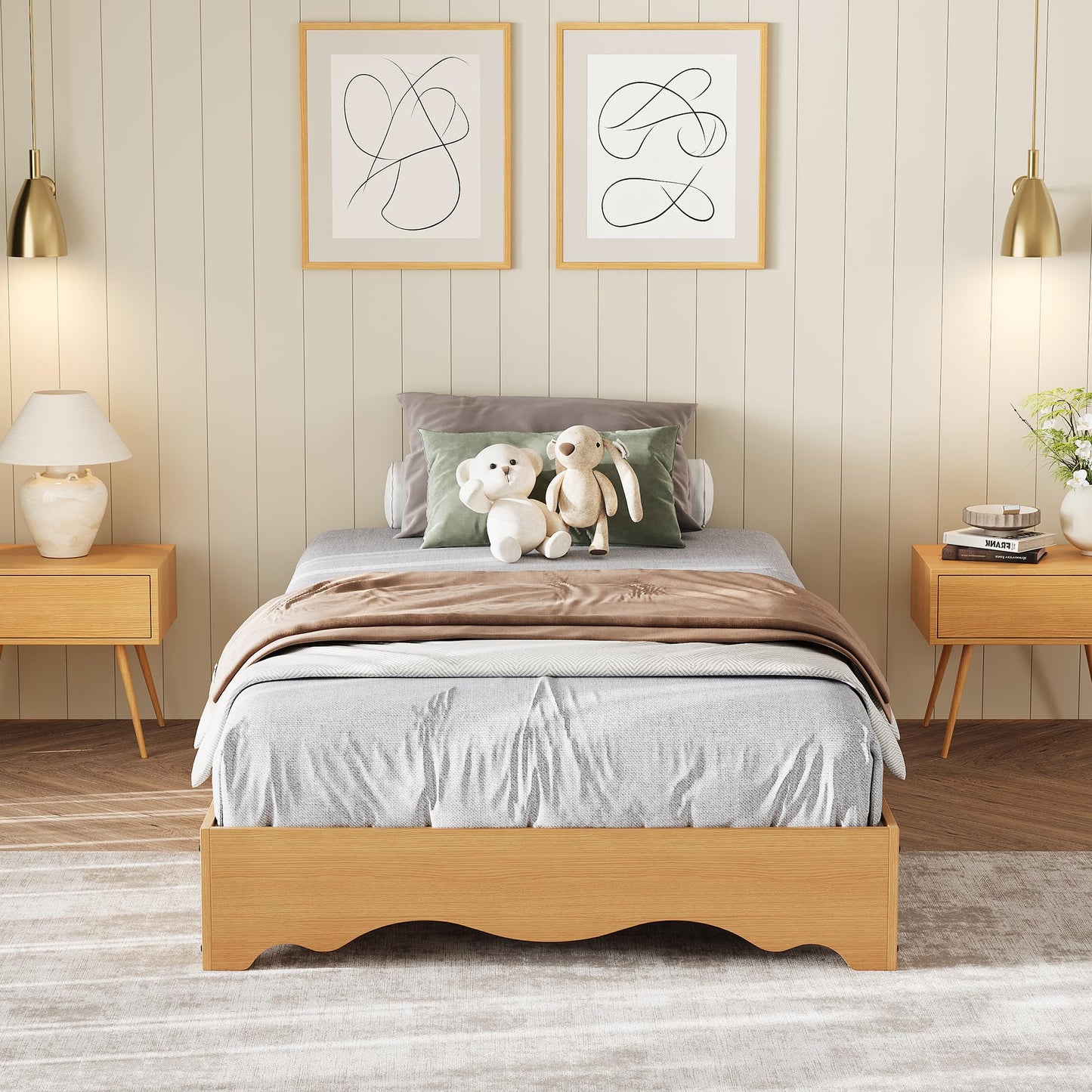 IDEALHOUSE Queen Bed Frame, Wood Platform Bed with Wave Design, Low Bed Frame Without Headboard, Minimalist Bed Base with Noise-Free, Easy Assembly, No Box Spring Needed