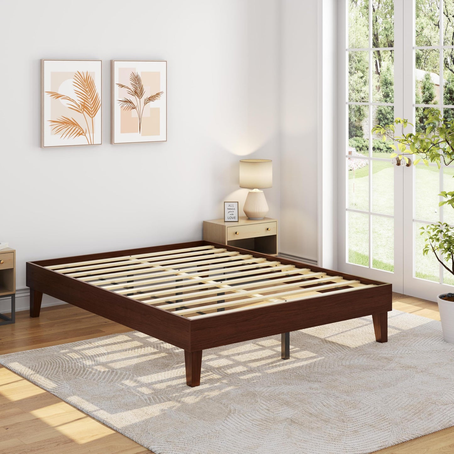Yaheetech Full Bed Frame Natural Solid Wood Platform Bed with Wooden Slats Support, 12-inch Underbed Space for Storage, Noise-Free Design, Easy Assembly, Dark Walnut Finish