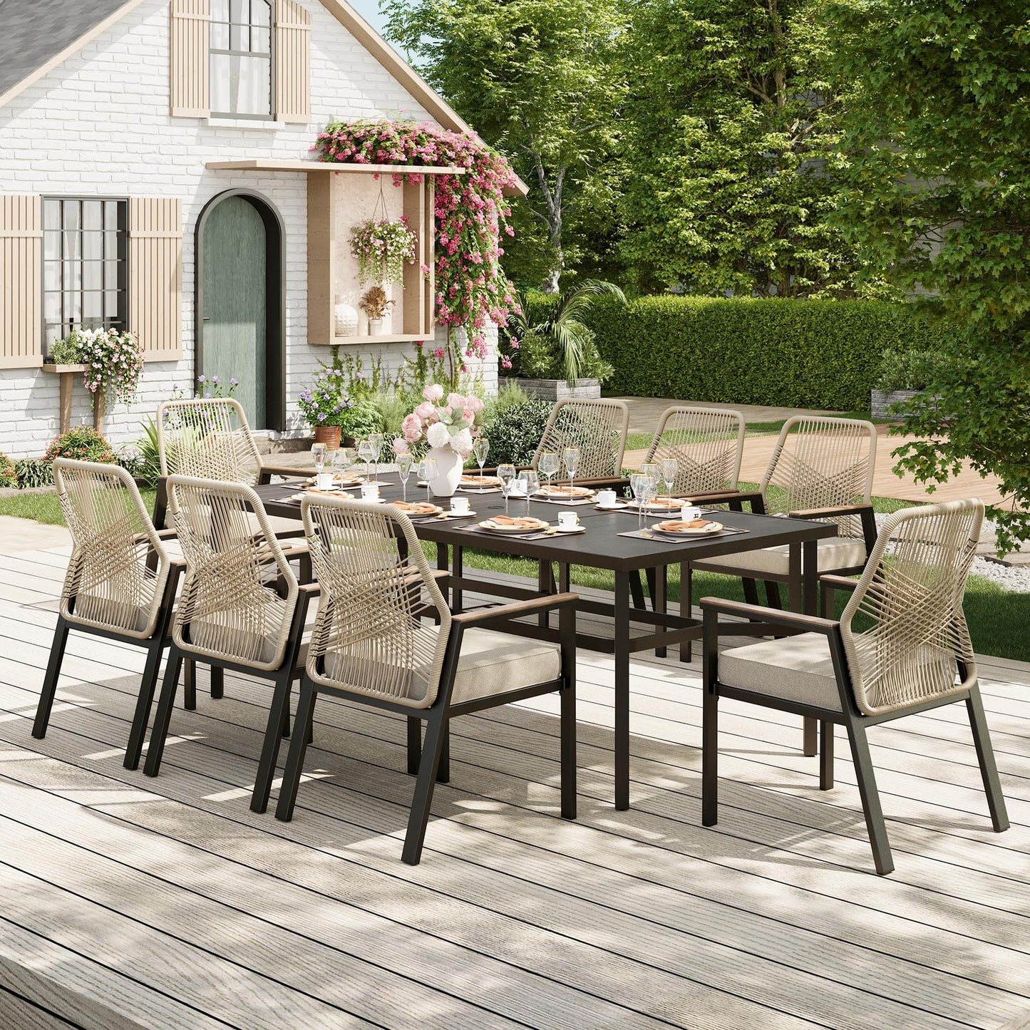 MIXPATIO 7 Pieces Round Outdoor Dining Set for 6, Patio Dining Set Wicker Rattan Chairs with Soft Cushion and 54" Round Table with Umbrella Hole, Round Patio Table and Chairs for Backyard Porch