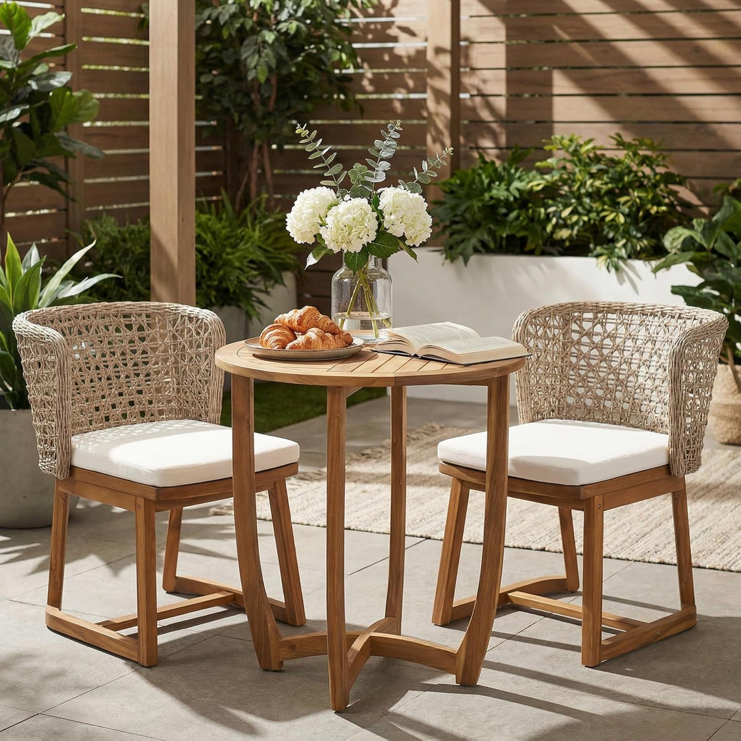 Merax Outdoor Farmhouse Acacia Wood Bistro Set of 3, Patio 27.5" Round Kitchen Table,2 Wicker Back Dinning Chairs with Cushions for Deck, Yard, Porch, Teak Finish Weather Resistant,Teak +Light Brown