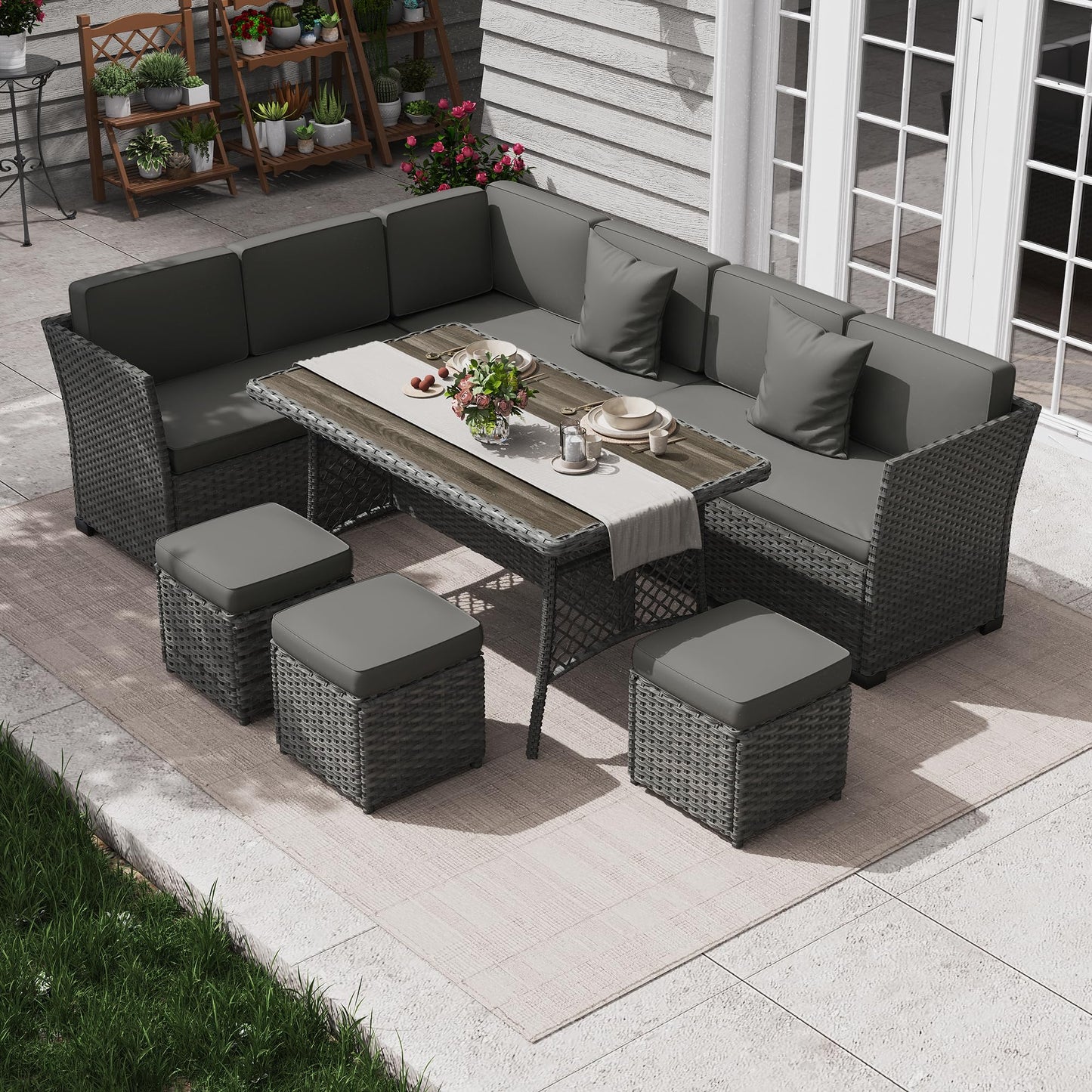 KIGOTY 7 Piece Patio Furniture Set, Outdoor PE Wicker Rattan Outdoor Dining Set, Patio Table and Chairs Set, Patio Conversation Sofa Set with Dining Table and Ottoman(Grey-Light Grey)