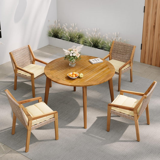 Christopher Knight Home Pelham Wooden Patio Dining Set for 4, Acacia Wood Outdoor Dining Table Set for 4, 5 Piece Outdoor Dining Set with Round Table and Armchair with Seat Cushion, Teak+Beige