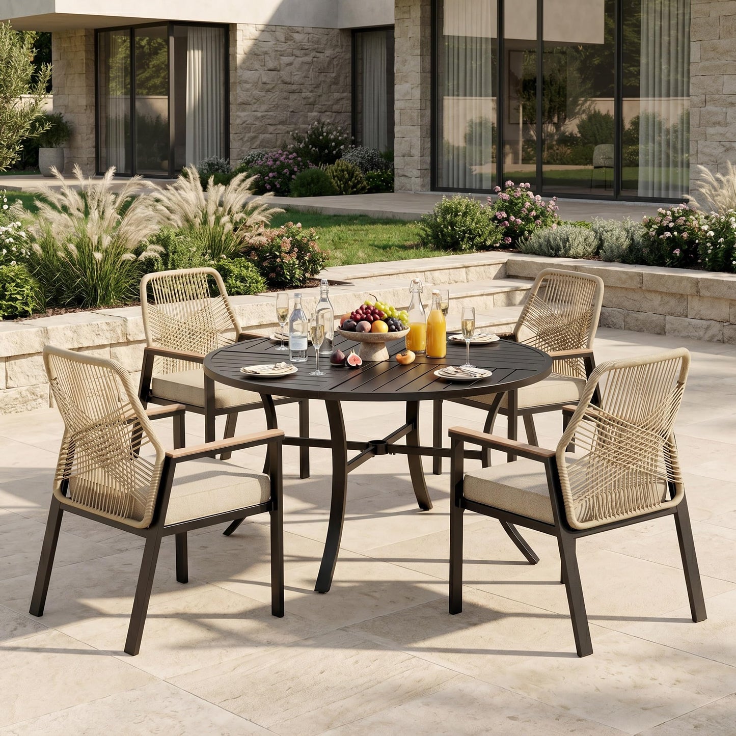MIXPATIO 7 Pieces Round Outdoor Dining Set for 6, Patio Dining Set Wicker Rattan Chairs with Soft Cushion and 54" Round Table with Umbrella Hole, Round Patio Table and Chairs for Backyard Porch