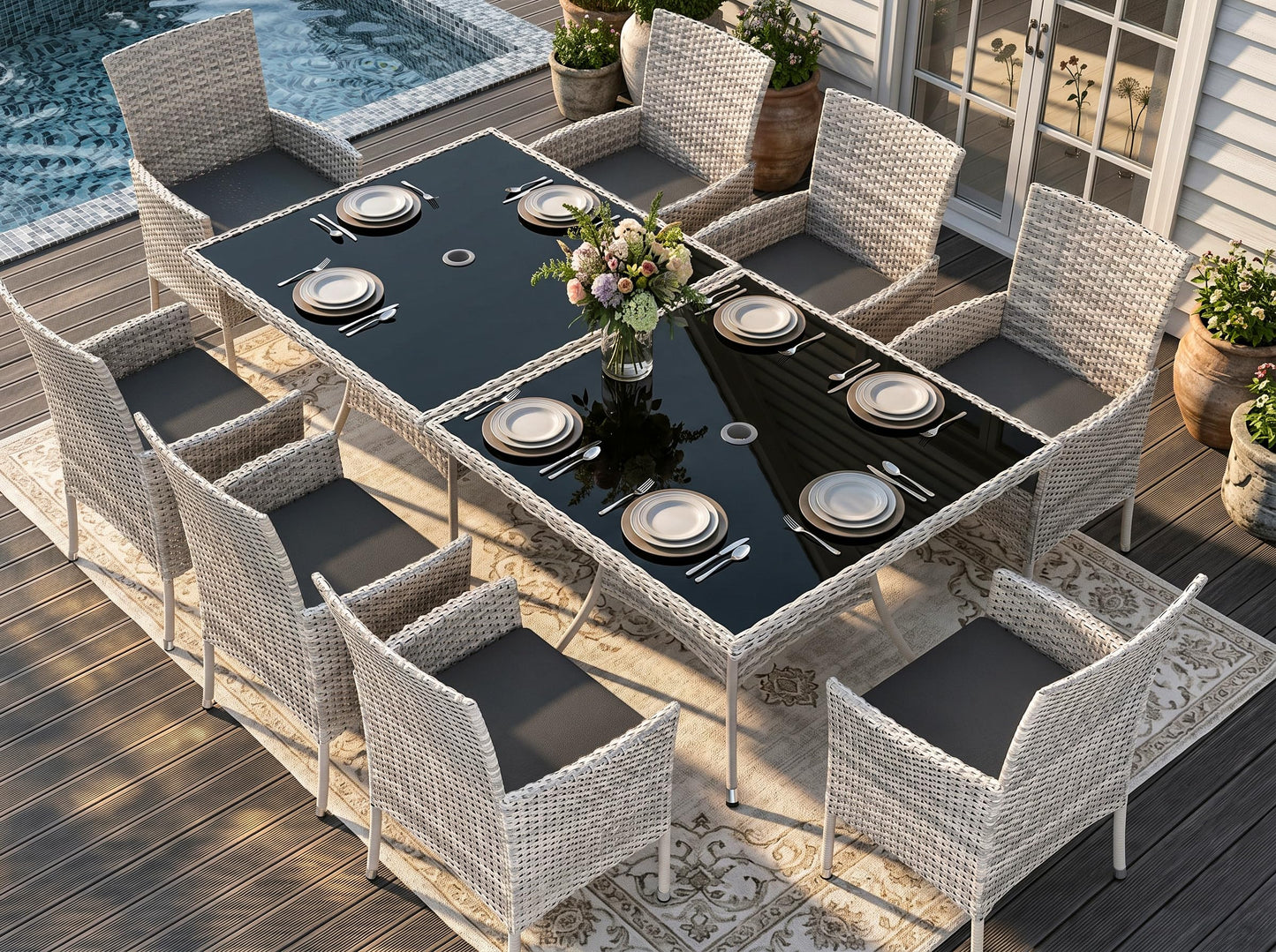 Outdoor Dining Set, 5-Piece Patio Furniture Set with Tempered Glass Table and 4 Cushioned Chairs, Dual-Strand Wicker Rattan, Balcony Furniture for Backyard, Garden, Deck,– Navy Blue