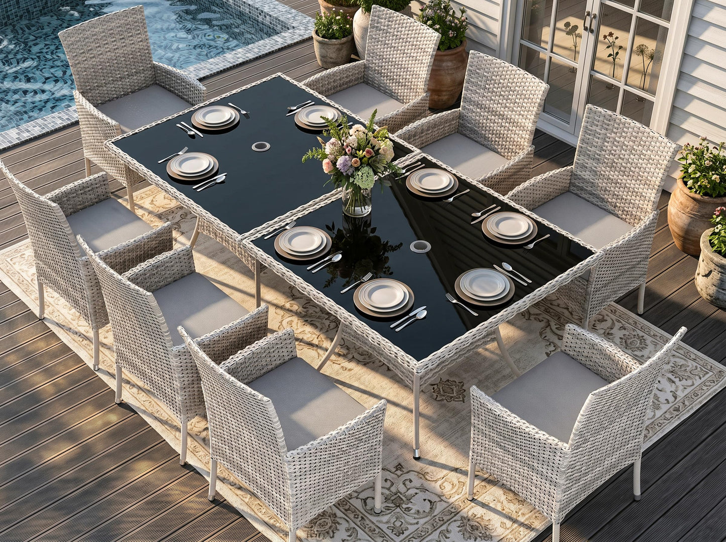 Outdoor Dining Set, 5-Piece Patio Furniture Set with Tempered Glass Table and 4 Cushioned Chairs, Dual-Strand Wicker Rattan, Balcony Furniture for Backyard, Garden, Deck,– Navy Blue