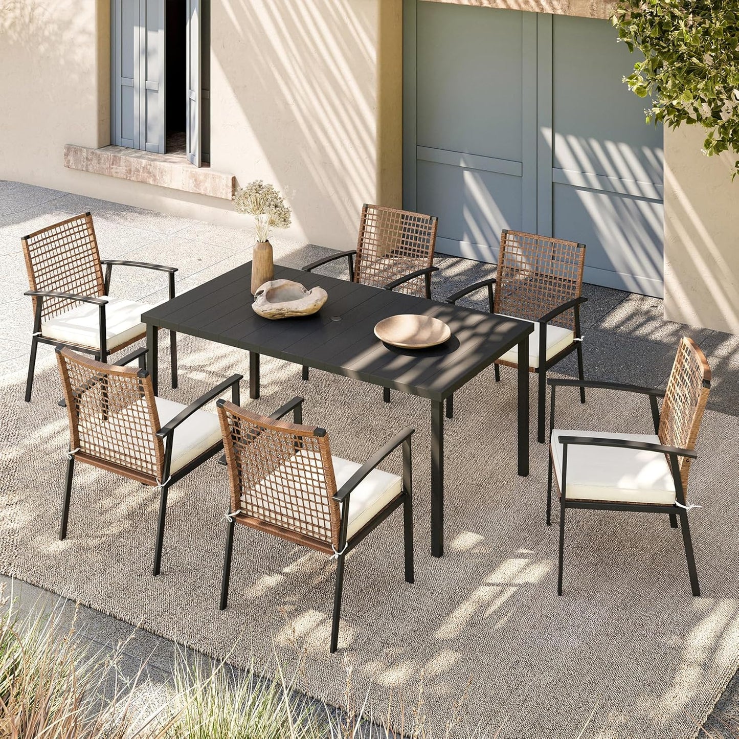 LAUSAINT HOME 7 Pieces Patio Dining Set, Outdoor Furniture Set of 6 Chairs with Soft Cushion and Iron Slats Table Top with Umbrella Hole, Conversation Set for Backyard, Garden and Poolside