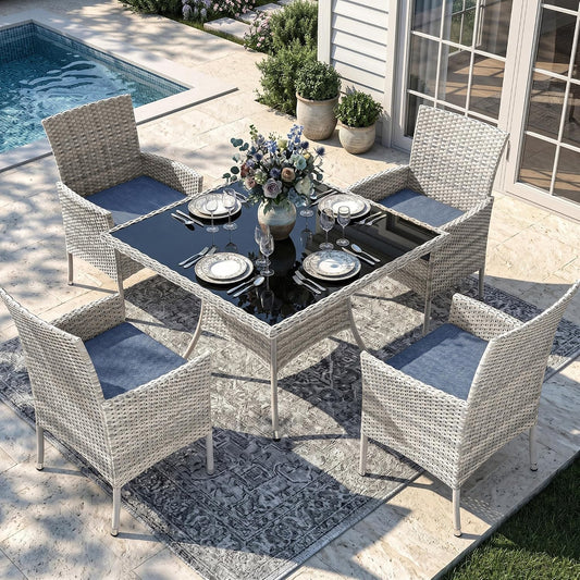 Outdoor Dining Set, 5-Piece Patio Furniture Set with Tempered Glass Table and 4 Cushioned Chairs, Dual-Strand Wicker Rattan, Balcony Furniture for Backyard, Garden, Deck,– Navy Blue