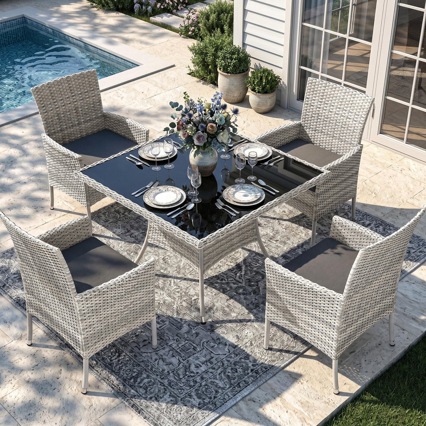 Outdoor Dining Set, 5-Piece Patio Furniture Set with Tempered Glass Table and 4 Cushioned Chairs, Dual-Strand Wicker Rattan, Balcony Furniture for Backyard, Garden, Deck,– Navy Blue