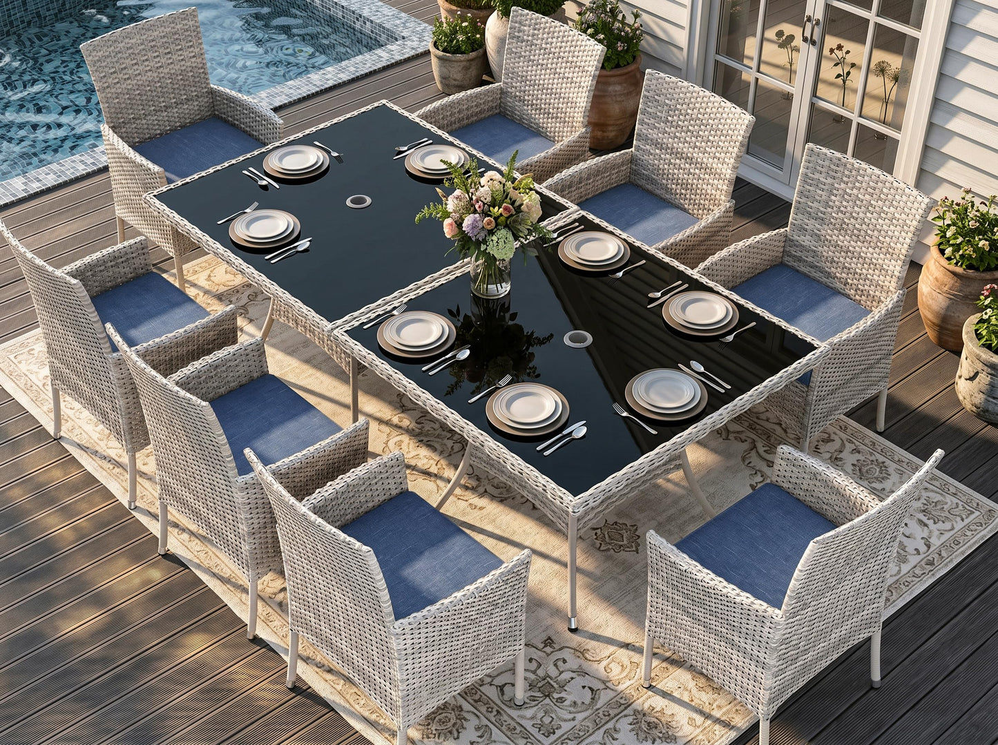 Outdoor Dining Set, 5-Piece Patio Furniture Set with Tempered Glass Table and 4 Cushioned Chairs, Dual-Strand Wicker Rattan, Balcony Furniture for Backyard, Garden, Deck,– Navy Blue