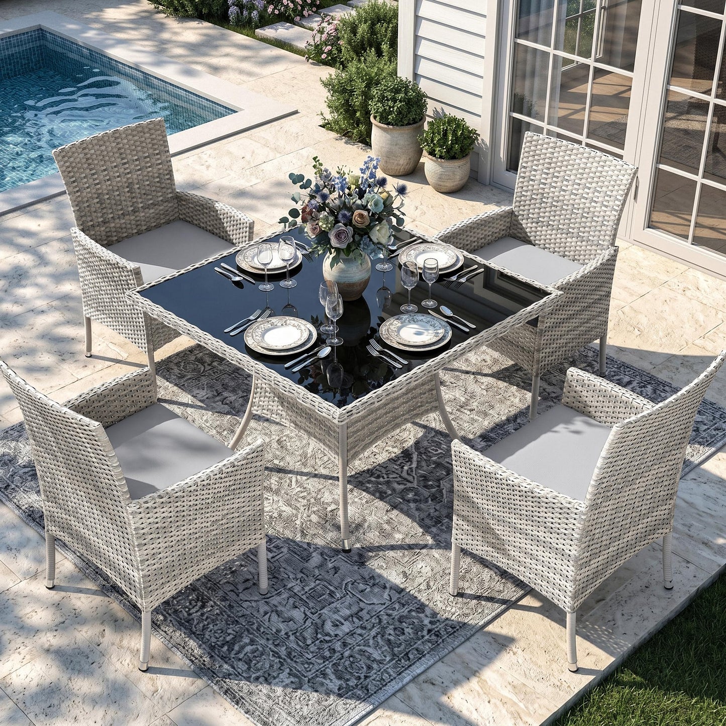 Outdoor Dining Set, 5-Piece Patio Furniture Set with Tempered Glass Table and 4 Cushioned Chairs, Dual-Strand Wicker Rattan, Balcony Furniture for Backyard, Garden, Deck,– Navy Blue