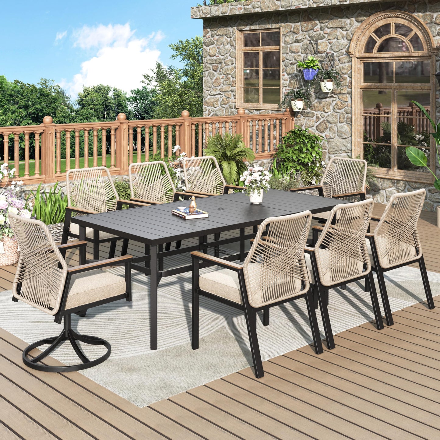 MIXPATIO 7 Pieces Round Outdoor Dining Set for 6, Patio Dining Set Wicker Rattan Chairs with Soft Cushion and 54" Round Table with Umbrella Hole, Round Patio Table and Chairs for Backyard Porch