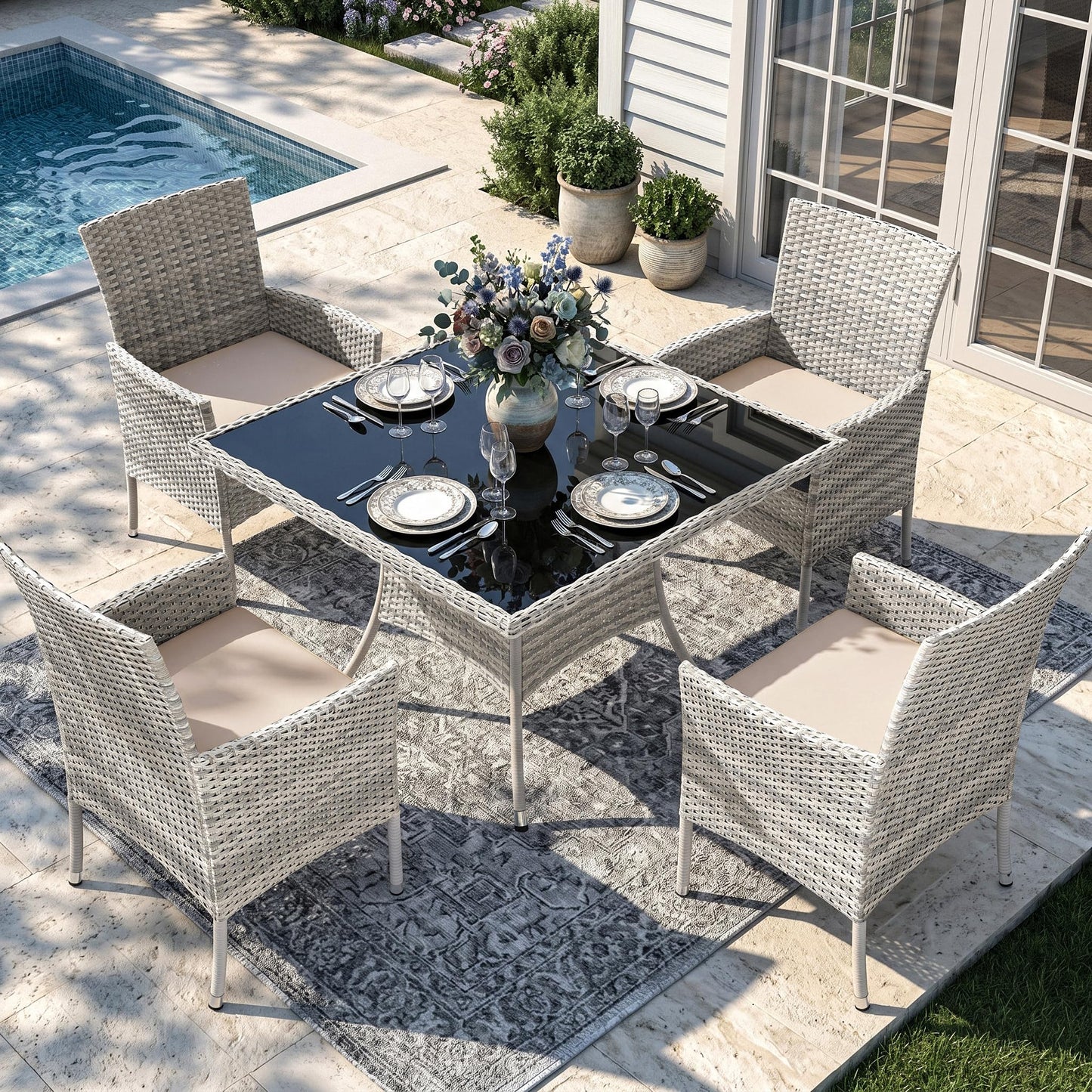 Outdoor Dining Set, 5-Piece Patio Furniture Set with Tempered Glass Table and 4 Cushioned Chairs, Dual-Strand Wicker Rattan, Balcony Furniture for Backyard, Garden, Deck,– Navy Blue